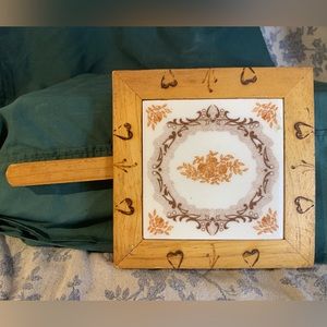VTG Handled Trivet with Ceramic Tile and Wood Burning Details